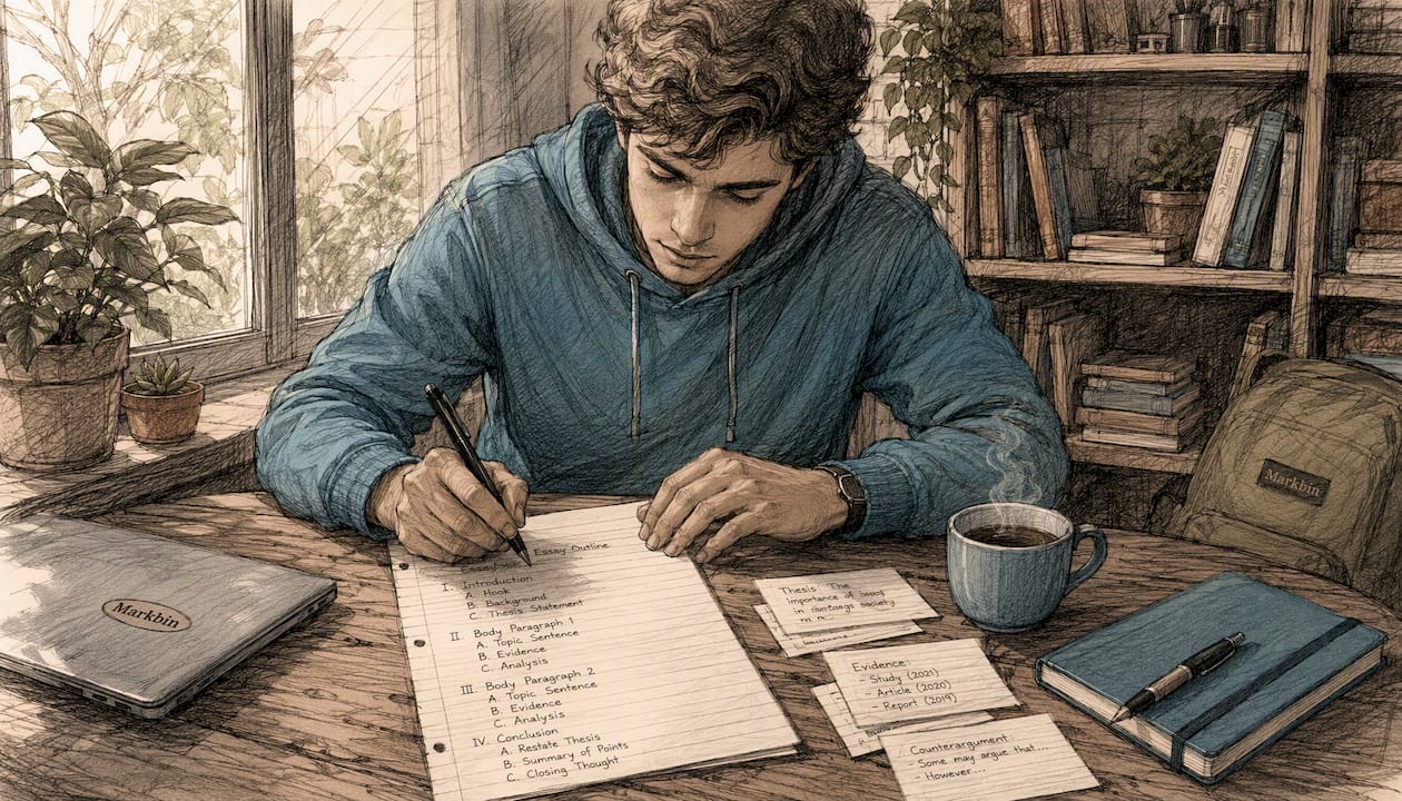 Overhead view of hands writing essay outline