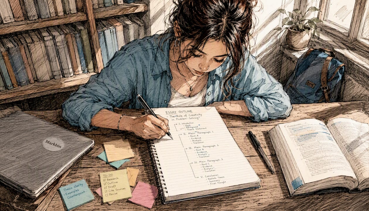 Student working on essay outline at desk