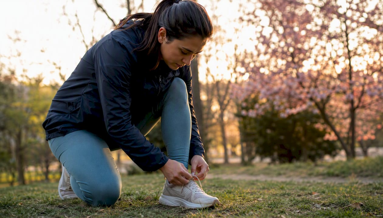 Person tying running shoes outdoors