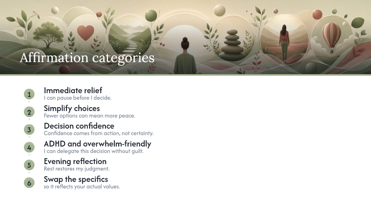 Diagram of affirmation categories for decision fatigue