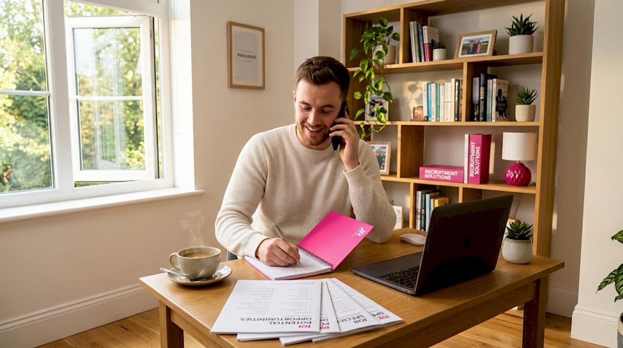 Jobseeker talks with agency at home desk