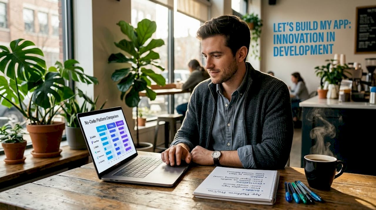 Man evaluating no-code platforms at office