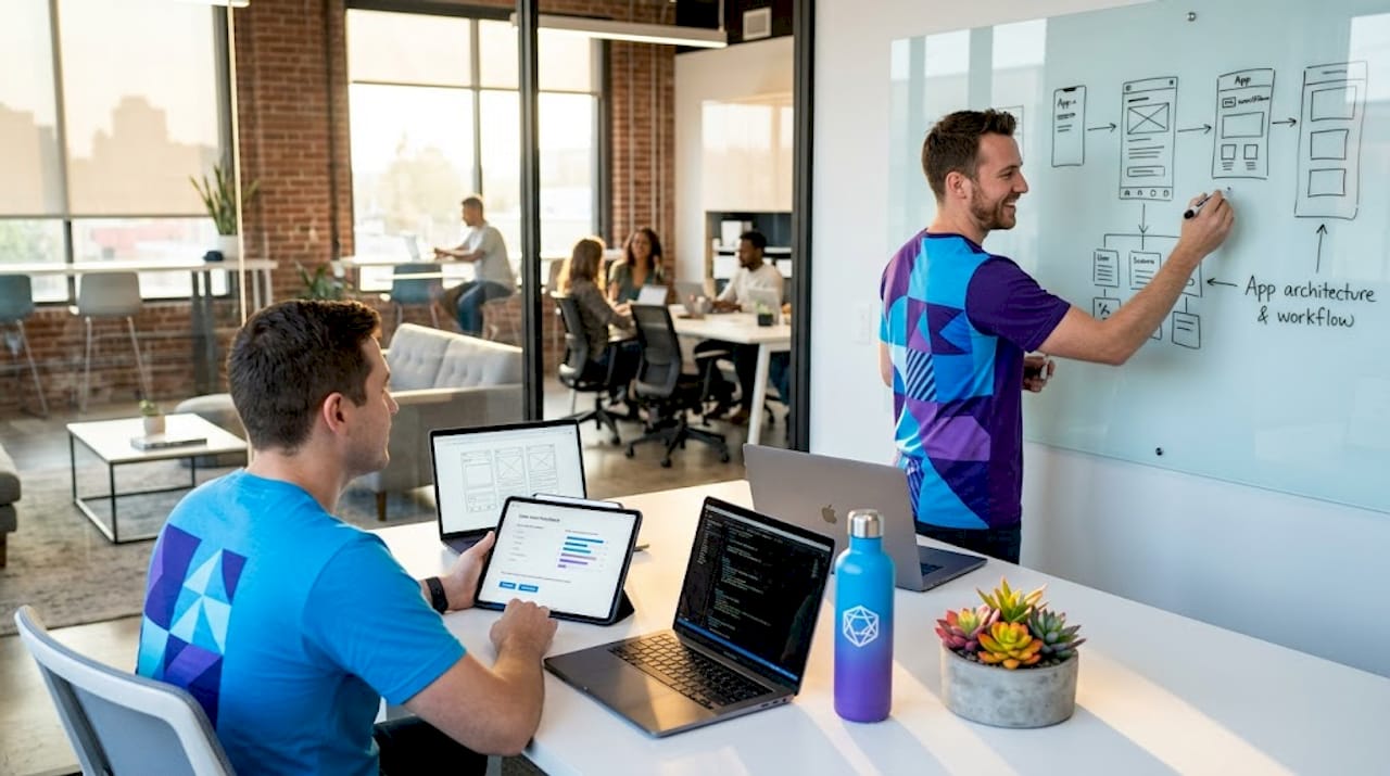 Developers collaborating on low-code MVP iteration