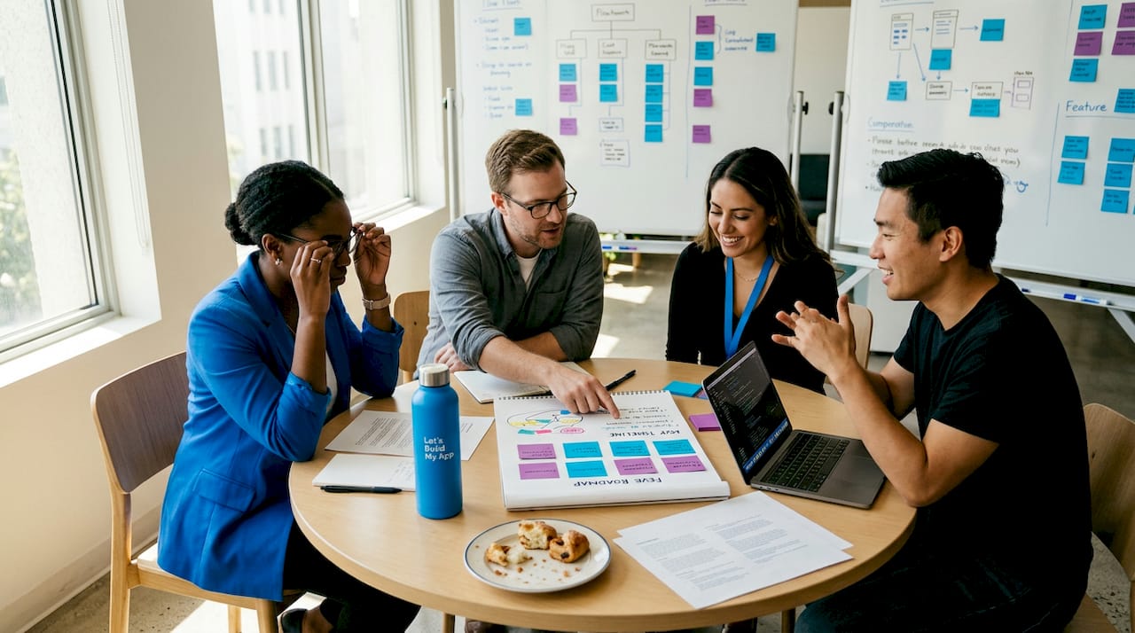 Startup team planning MVP launch together