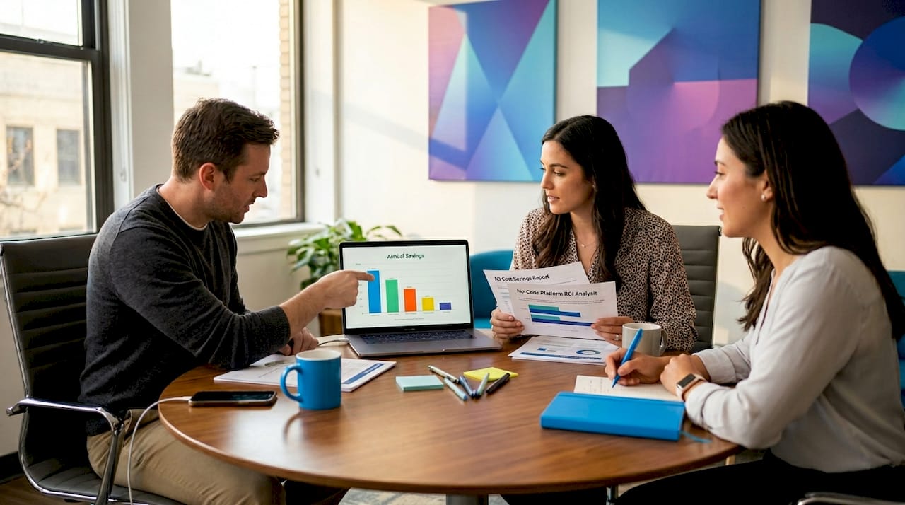 Business team discussing no-code savings