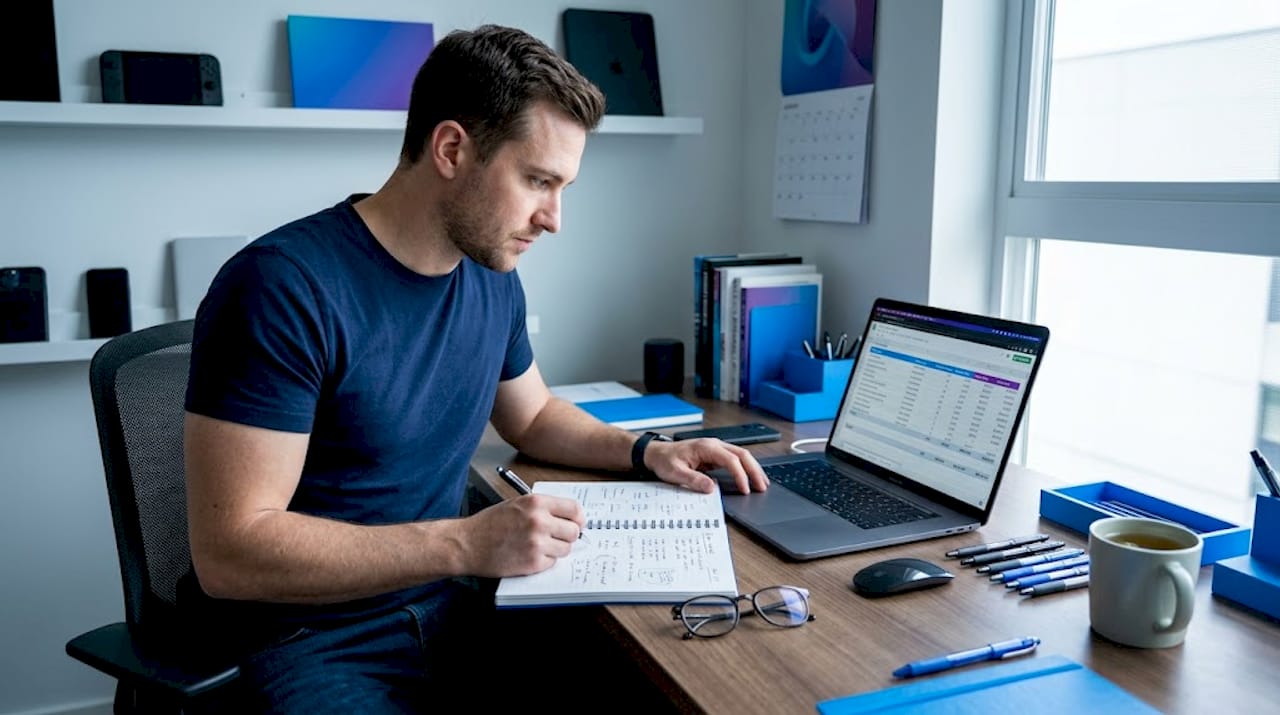 Man comparing app options at home office desk