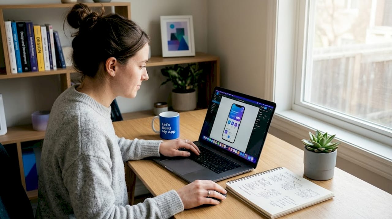 Woman editing mobile app at kitchen island
