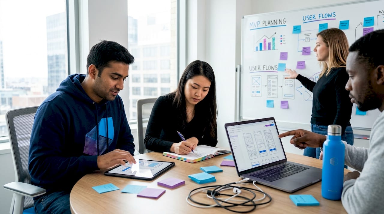 Startup team planning app at office table