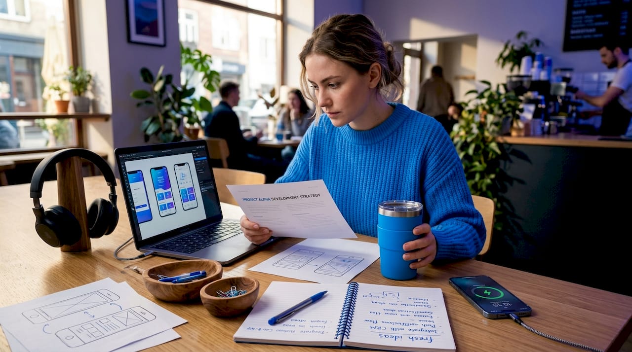 Developer testing app on two platforms at desk