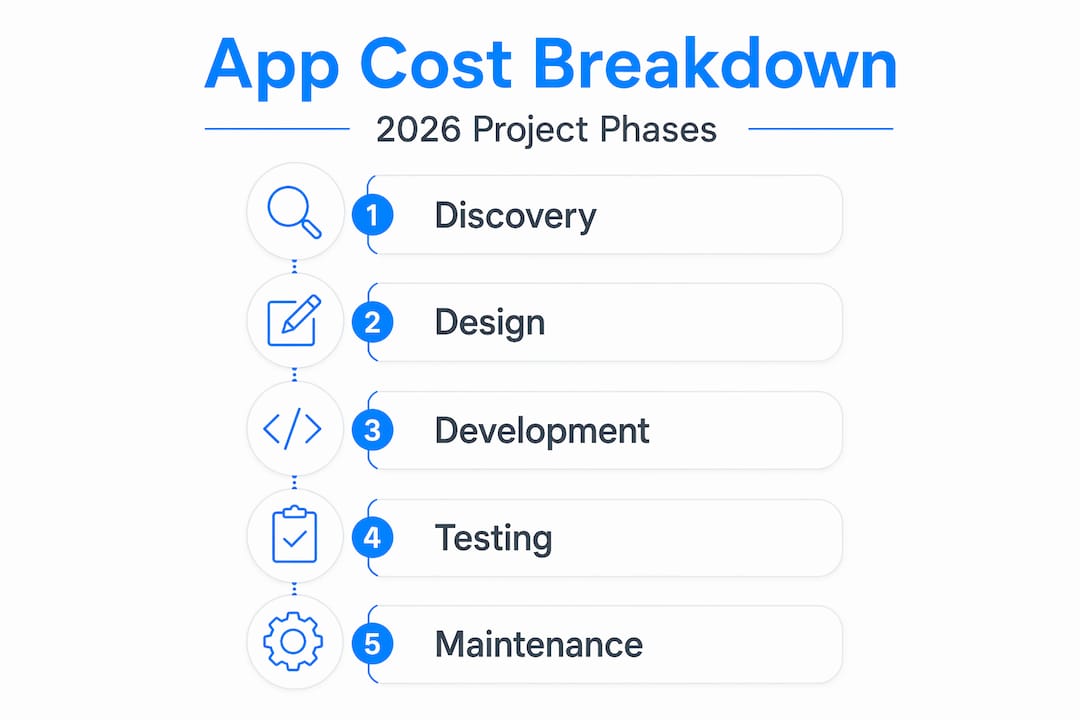 Infographic showing app cost phases from discovery to maintenance