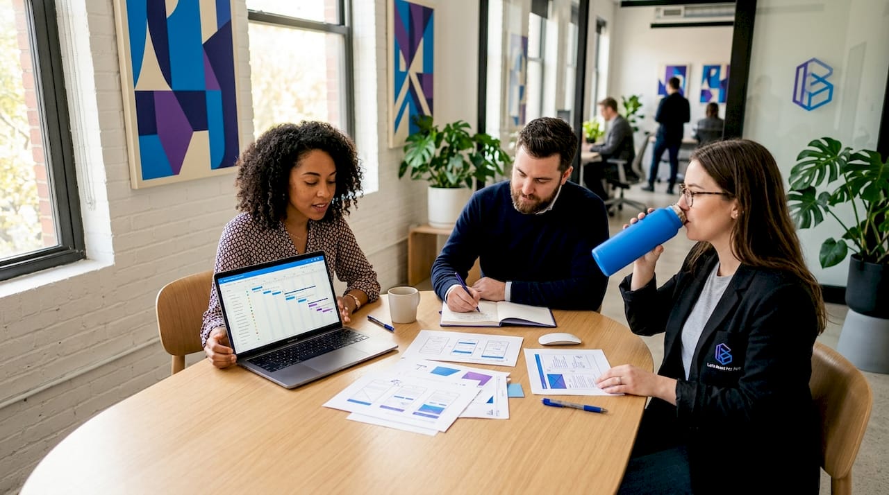 Small business team collaborating on software in office