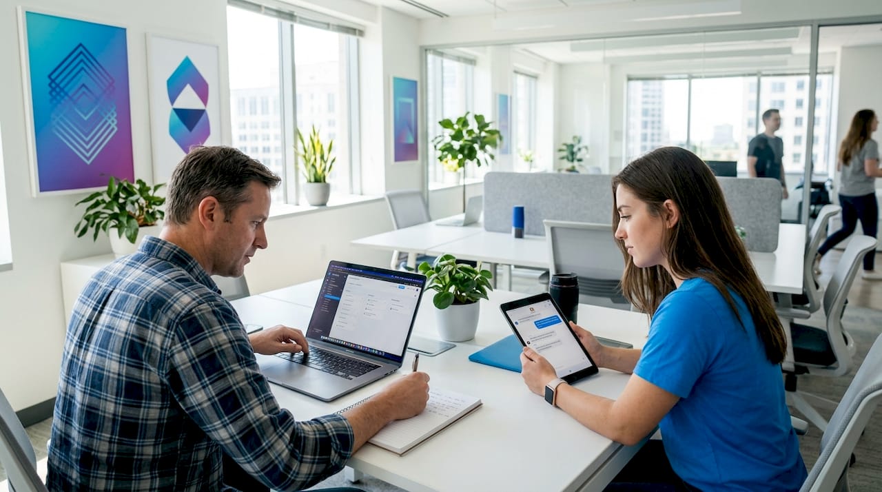 Small team working together in a busy office