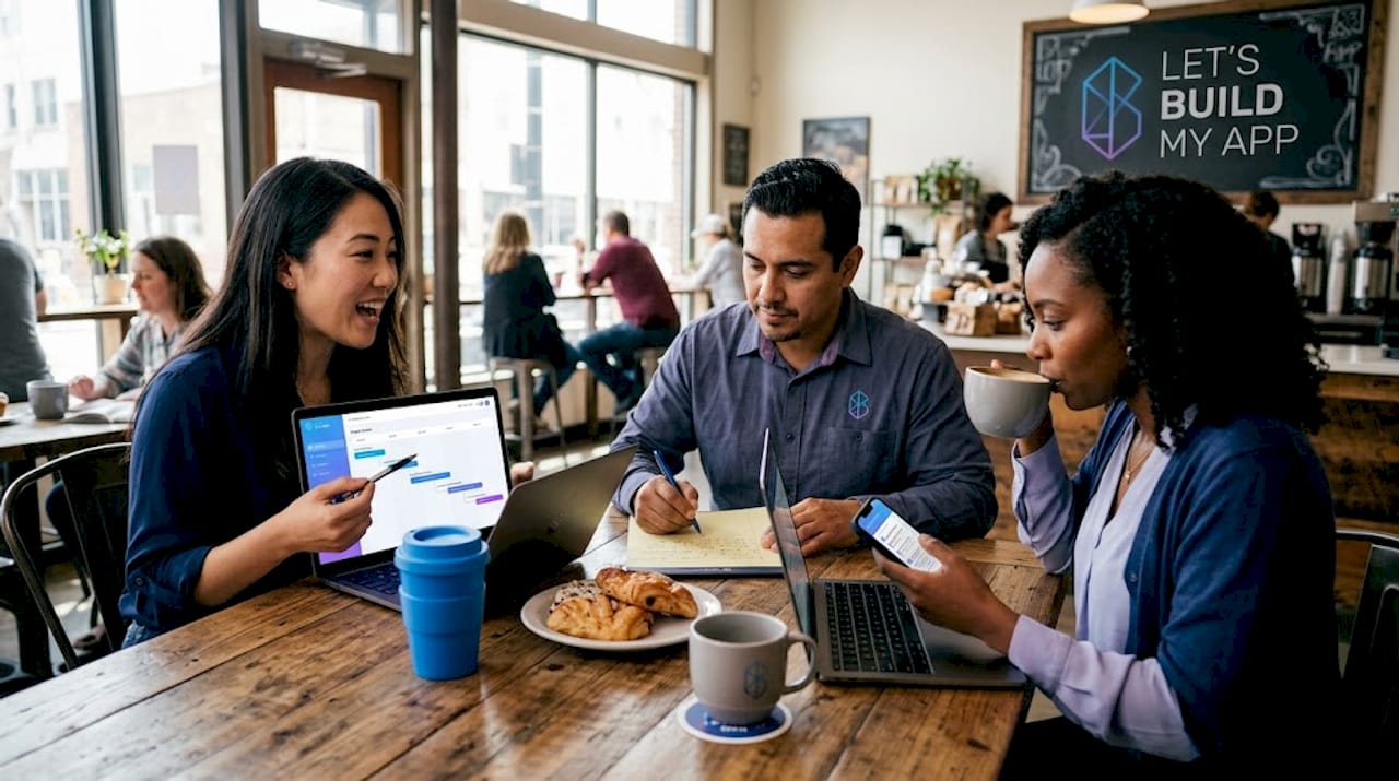Small business owners collaborating with custom app