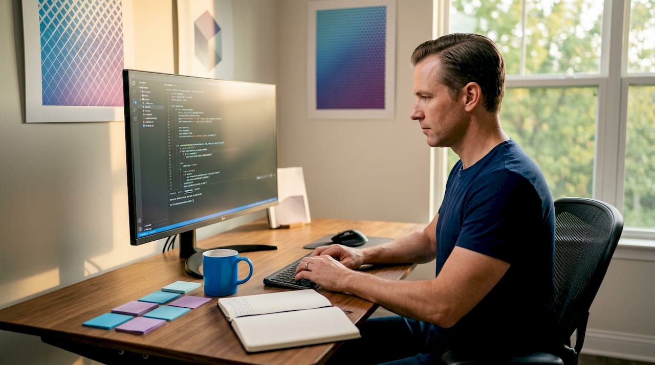 Developer coding in small home office