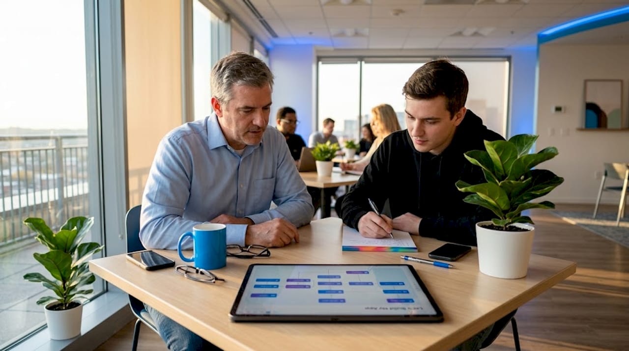 Developers reviewing low-code workflow together in office