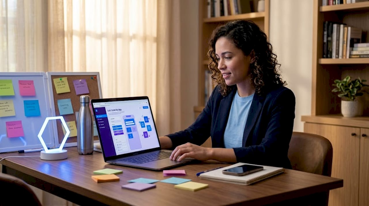Entrepreneur assembling app on laptop in coworking space
