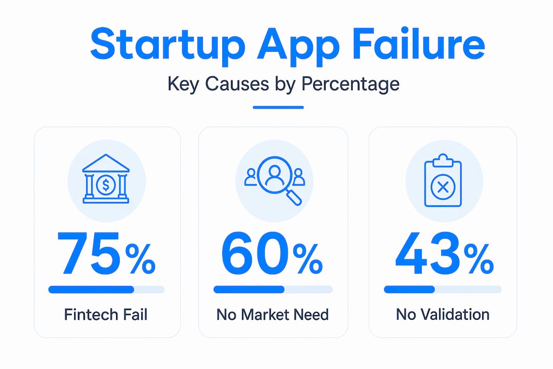 Startup app failure infographic with key statistics
