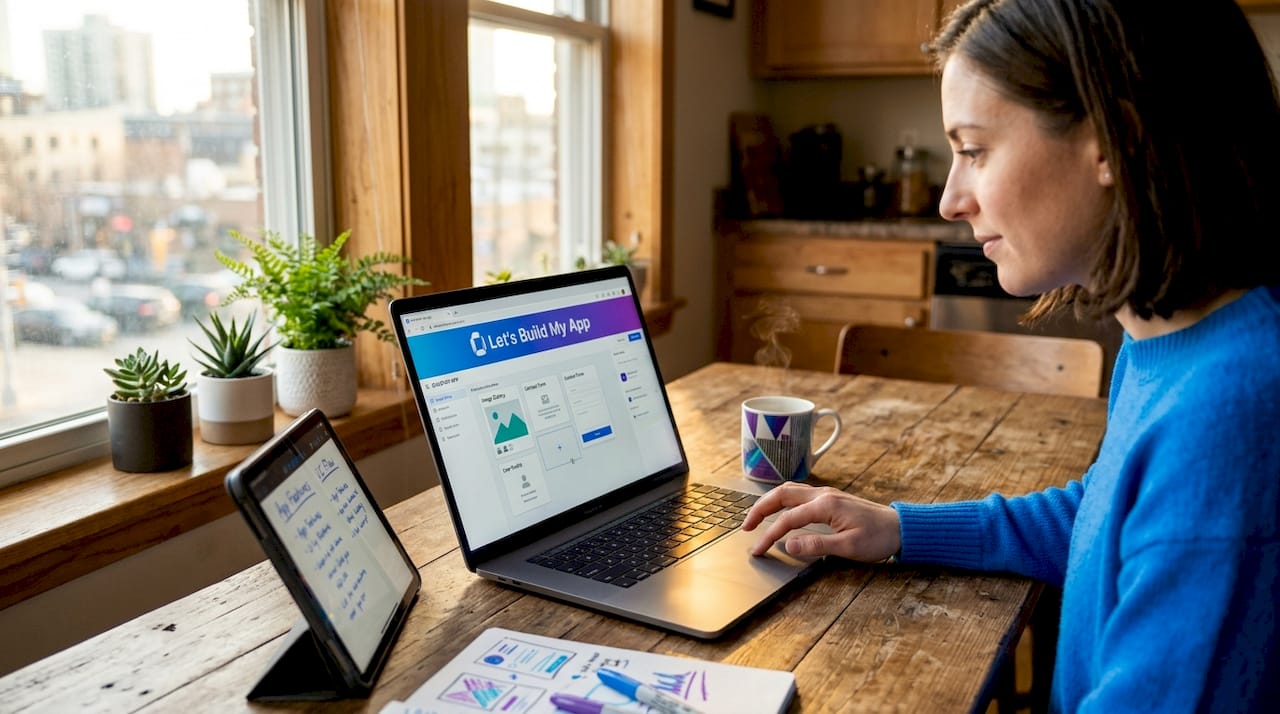 Entrepreneur building app with no-code tools at kitchen table