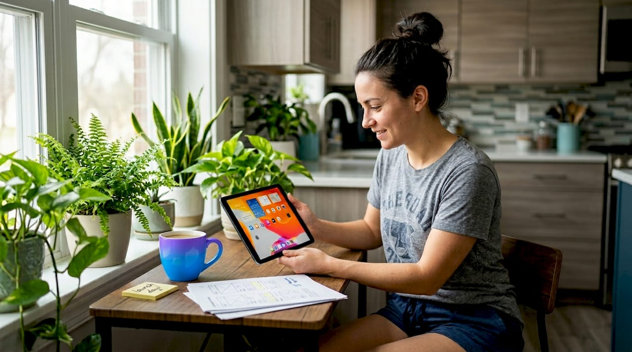 Entrepreneur checking newly launched app at small desk