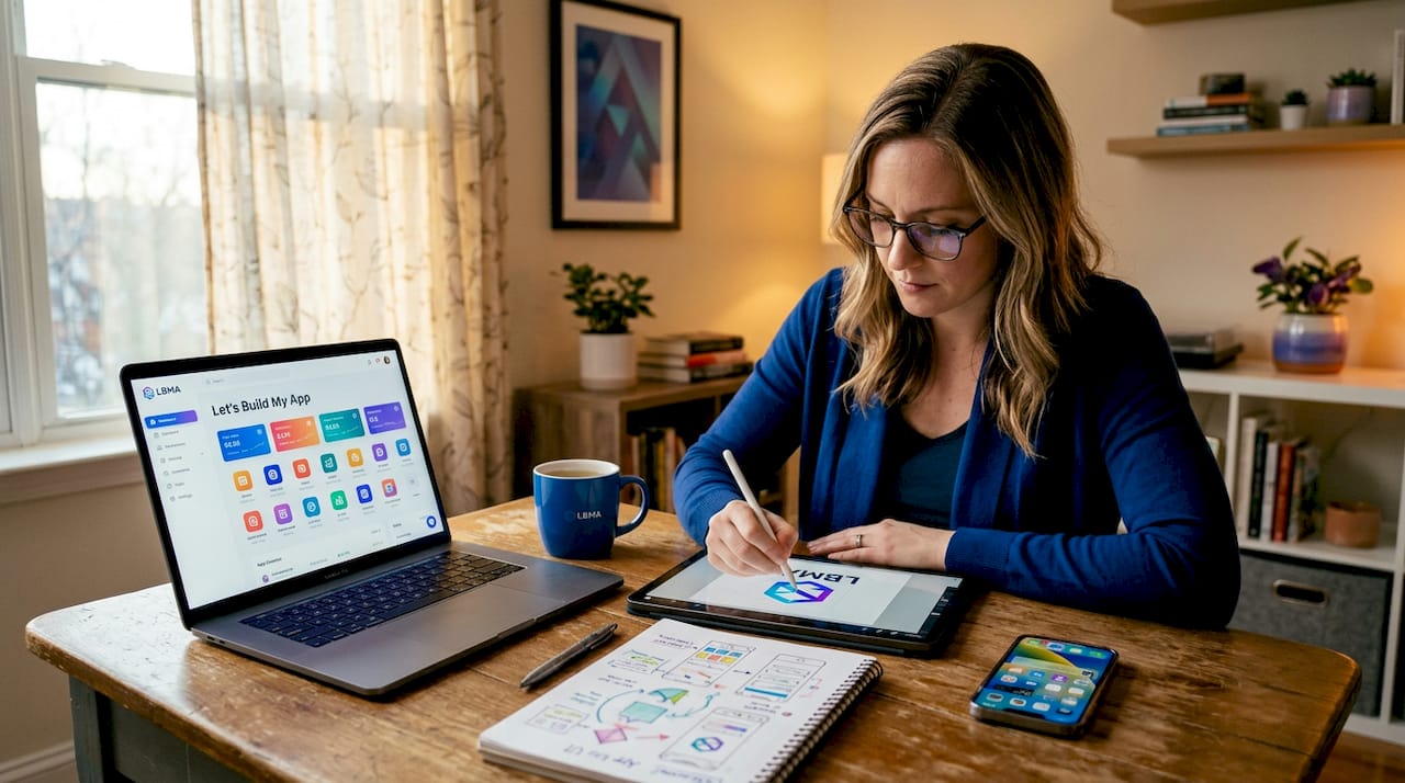 Entrepreneur customizing app branding at home