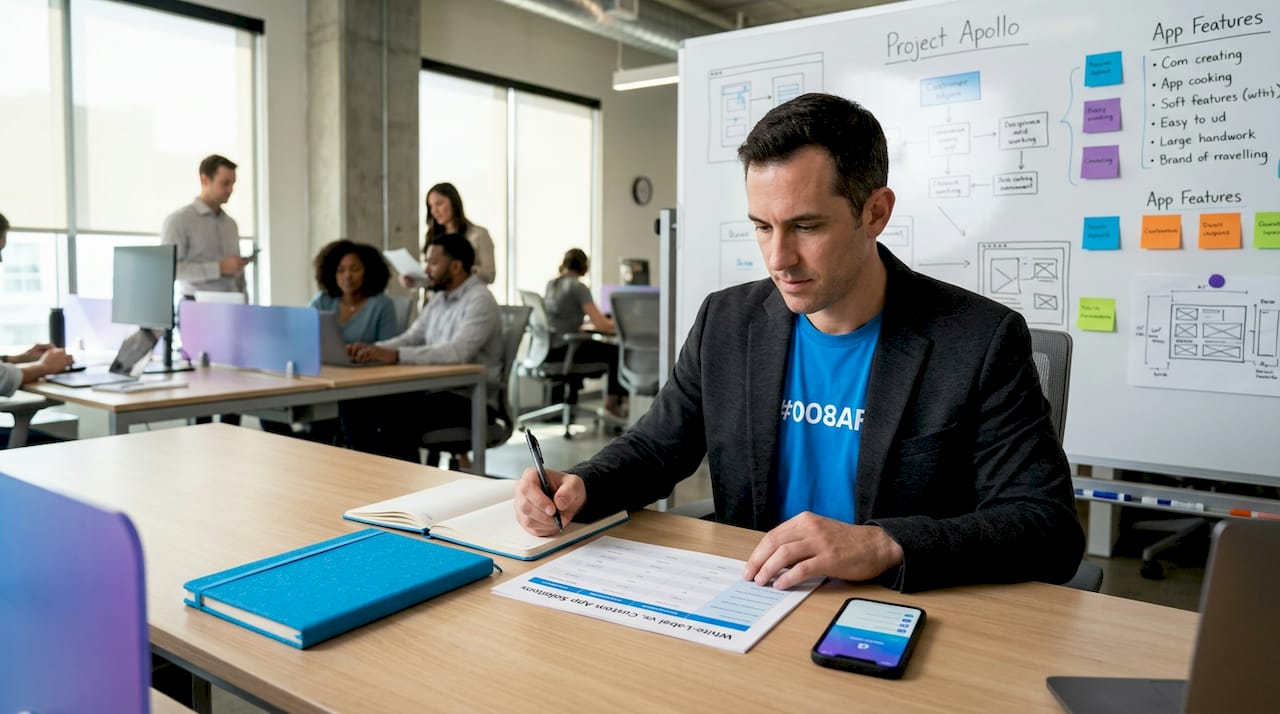 Startup founder weighing app options at desk