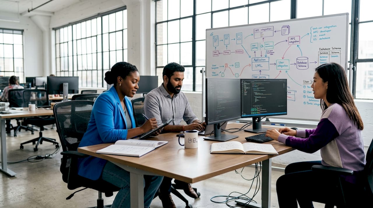 Team collaborating in mid-size app agency office