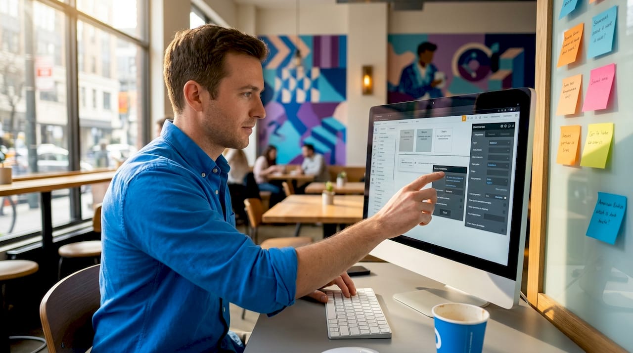 Developer using Bubble.io visual editor at desk