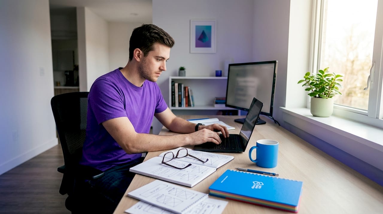 Entrepreneur planning app build at home desk