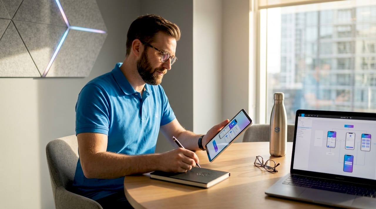 UX designer testing prototype on tablet