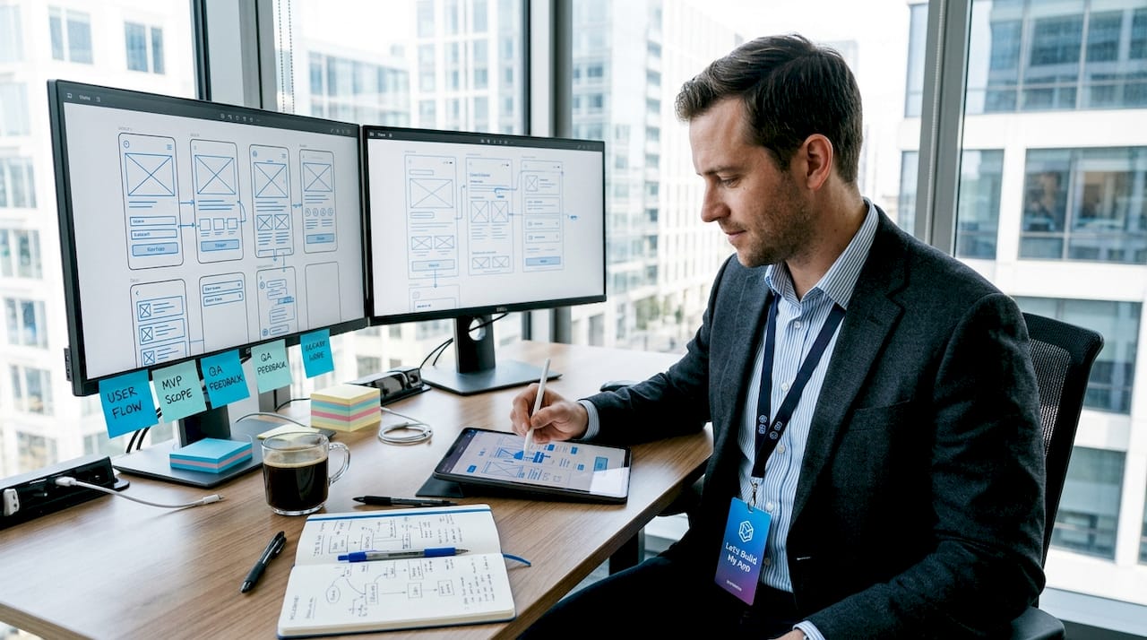 Product manager reviewing app prototype on tablet