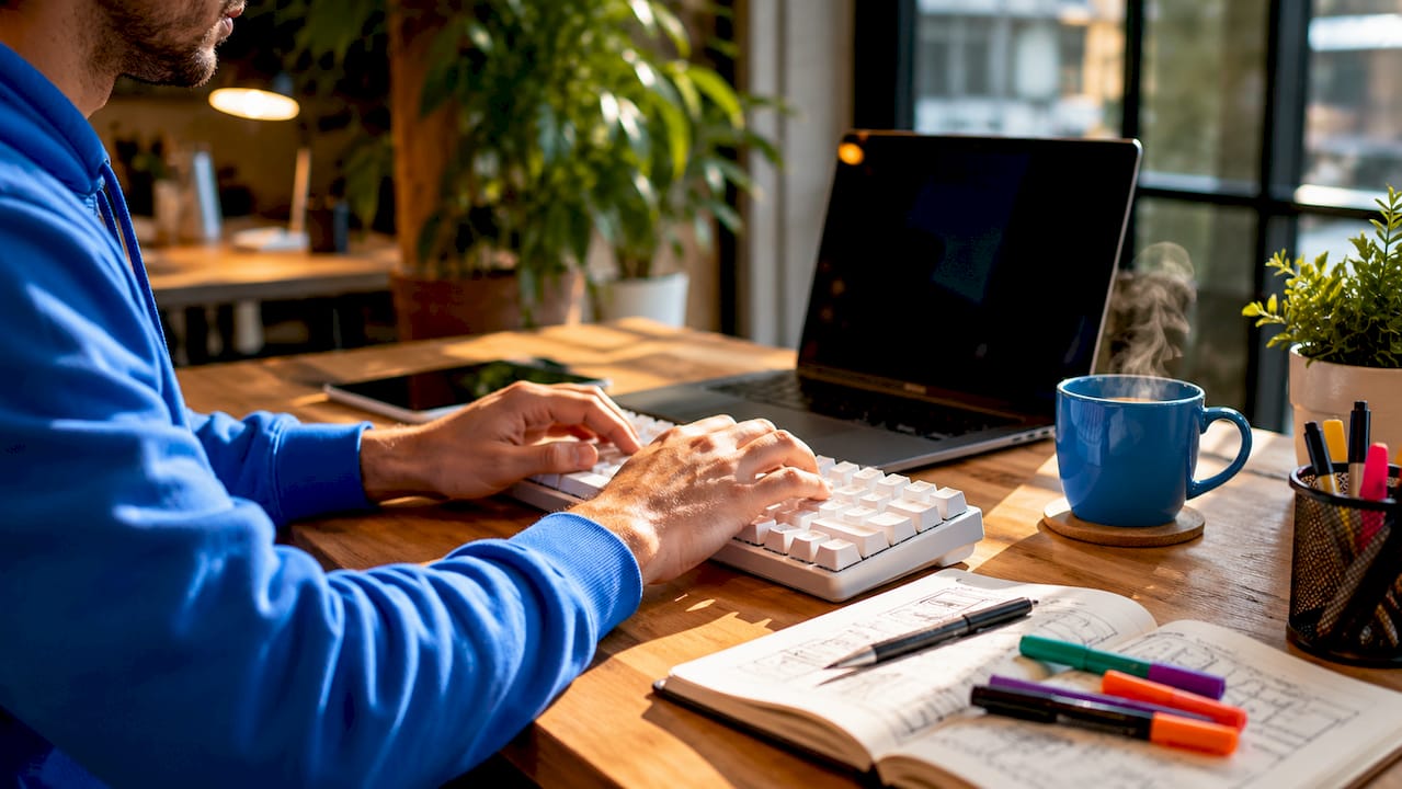 Close-up of hands coding software at desk