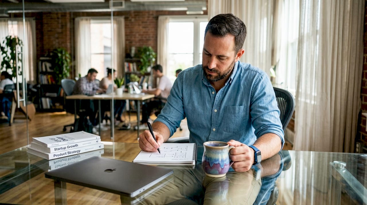 Small business owner sketching app workflow diagrams