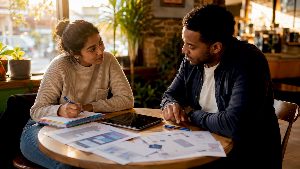 Two testers reviewing UI components