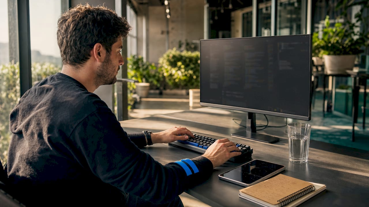 Developer typing cross-platform app code