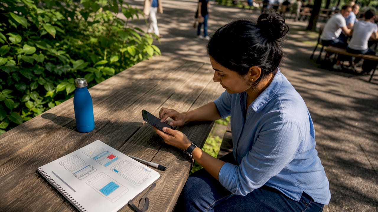 Woman testing mobile app prototype on smartphone