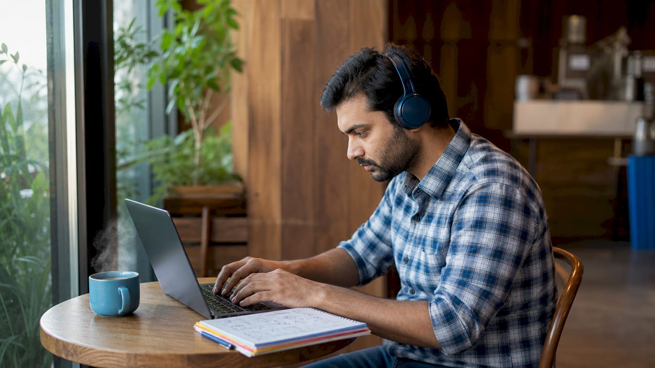 Man focused on no-code app builder at coworking space