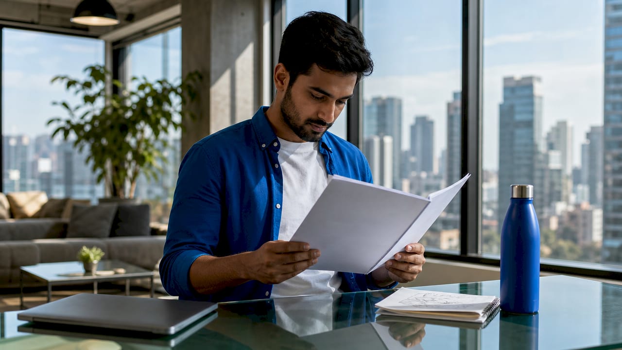Man preparing app outsourcing documents at desk