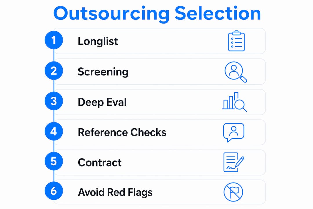 Infographic showing app outsourcing vendor selection steps
