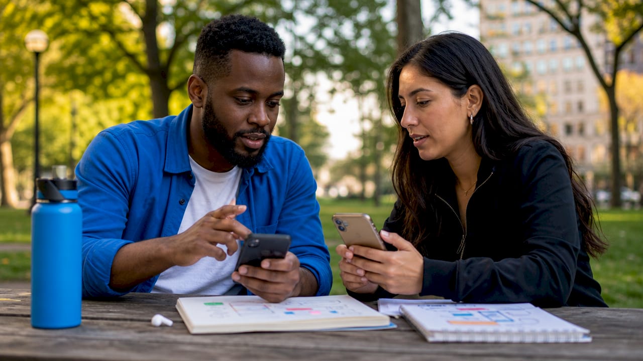 Two colleagues discussing PWA versus native apps at table