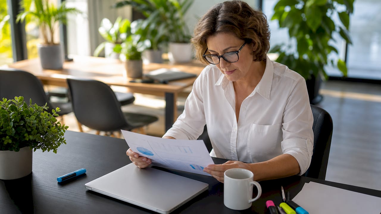 Small business owner reviewing software ROI sheet