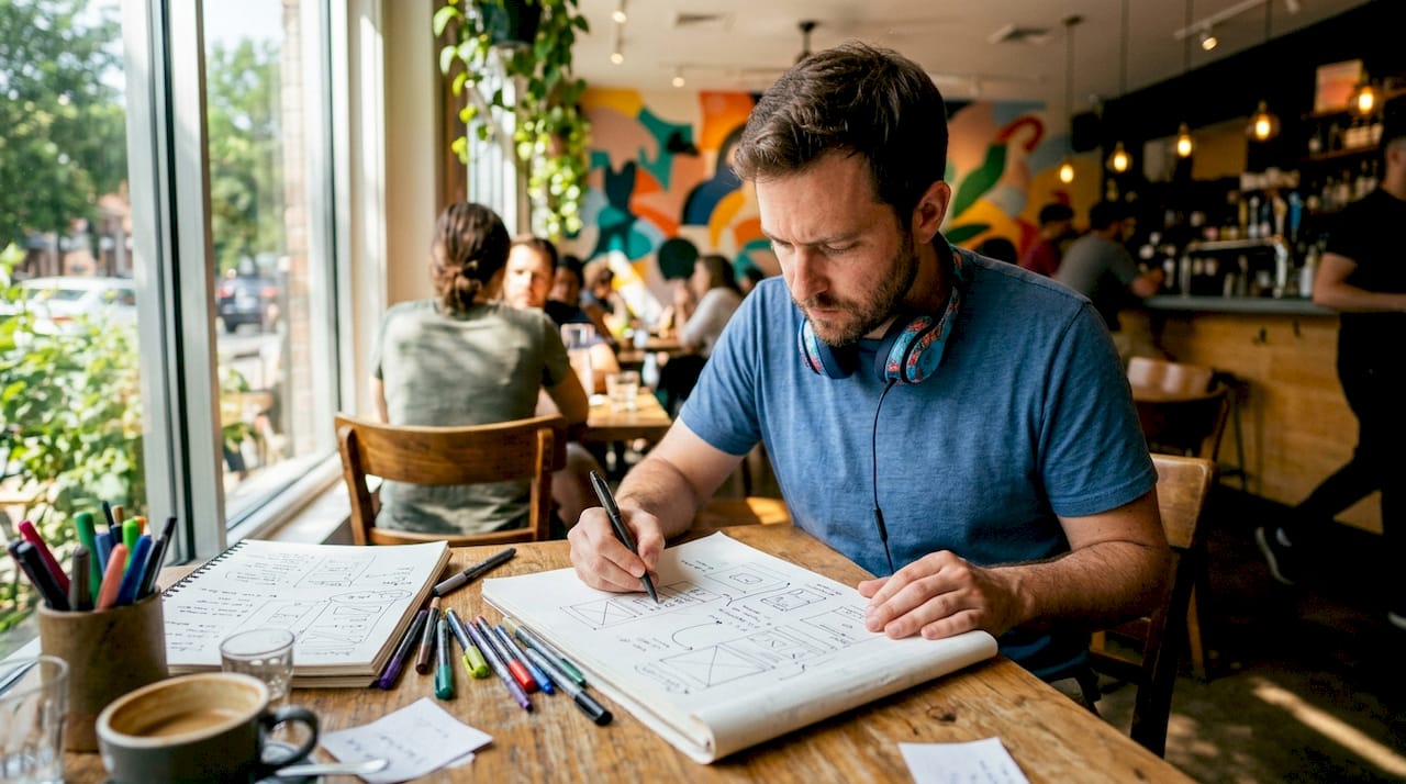 UX designer sketching app wireframes at home office
