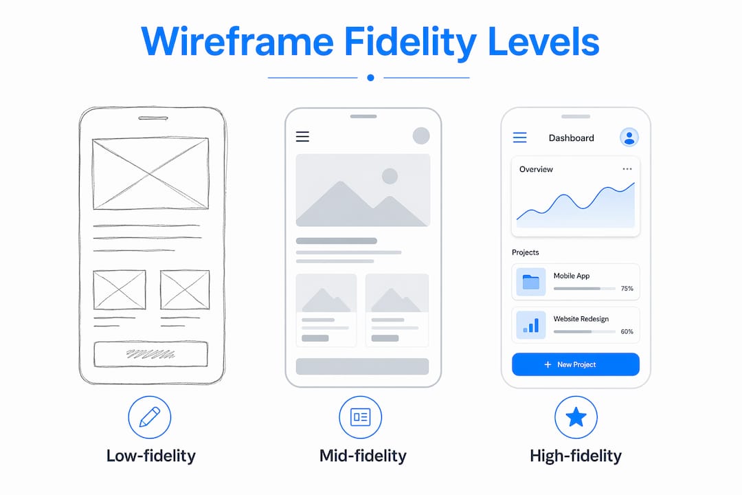 Infographic illustrating three wireframe fidelity levels in app development