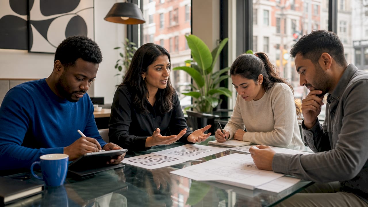 Diverse development agency team reviewing app design