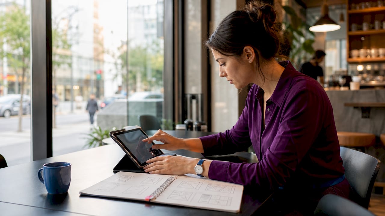 Close-up of hands designing hybrid app interface on tablet