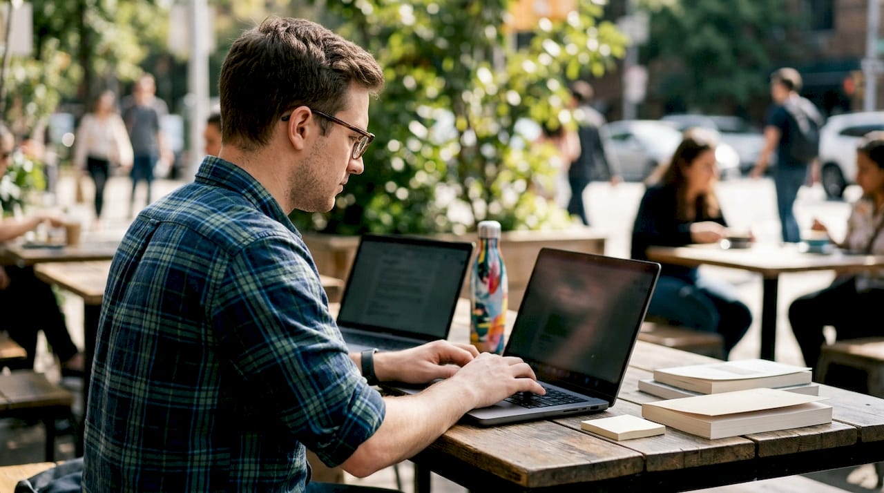 Developer coding native and hybrid apps at home desk