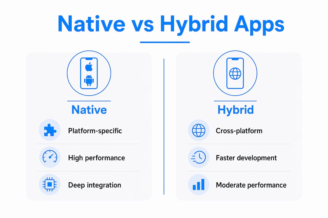 Infographic comparing native and hybrid app features
