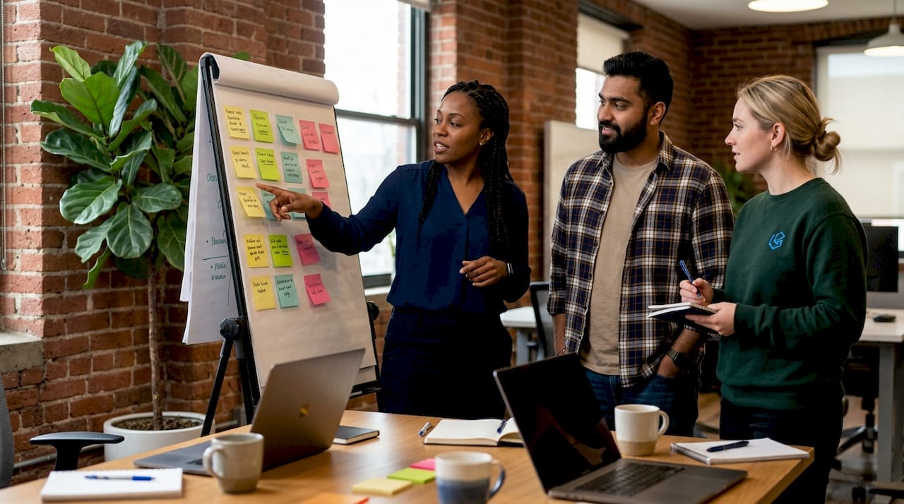 Agile team conducting daily standup in startup office