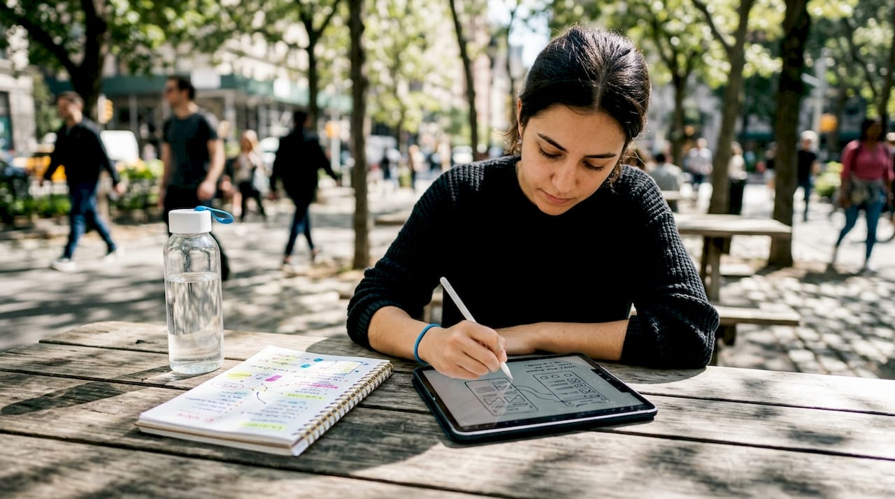 Founder sketching MVP app features at home desk