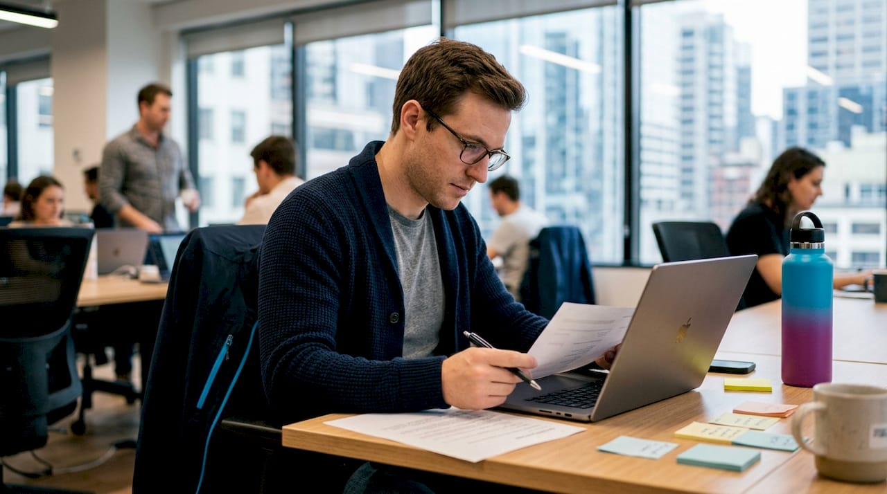 Startup founder reviewing software project scope at desk