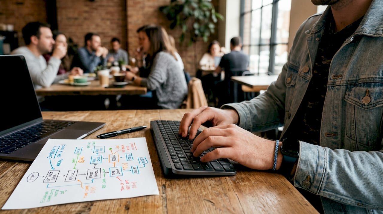 Hands typing with complexity flowchart on desk
